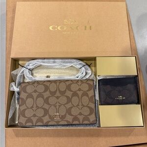 Coach Tan and Black Signature Wallet and Cardholder Set